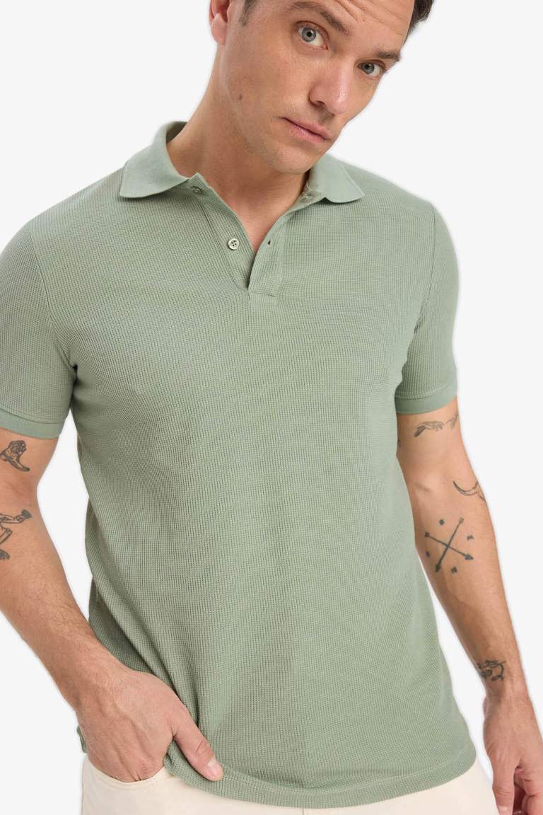 Regular Fit Kısa Kollu Dokulu Waffle Polo Tişört