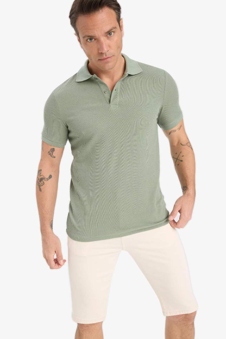 Regular Fit Kısa Kollu Dokulu Waffle Polo Tişört