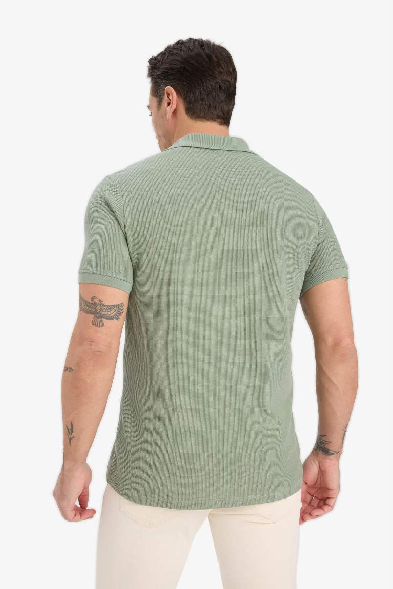 Regular Fit Kısa Kollu Dokulu Waffle Polo Tişört