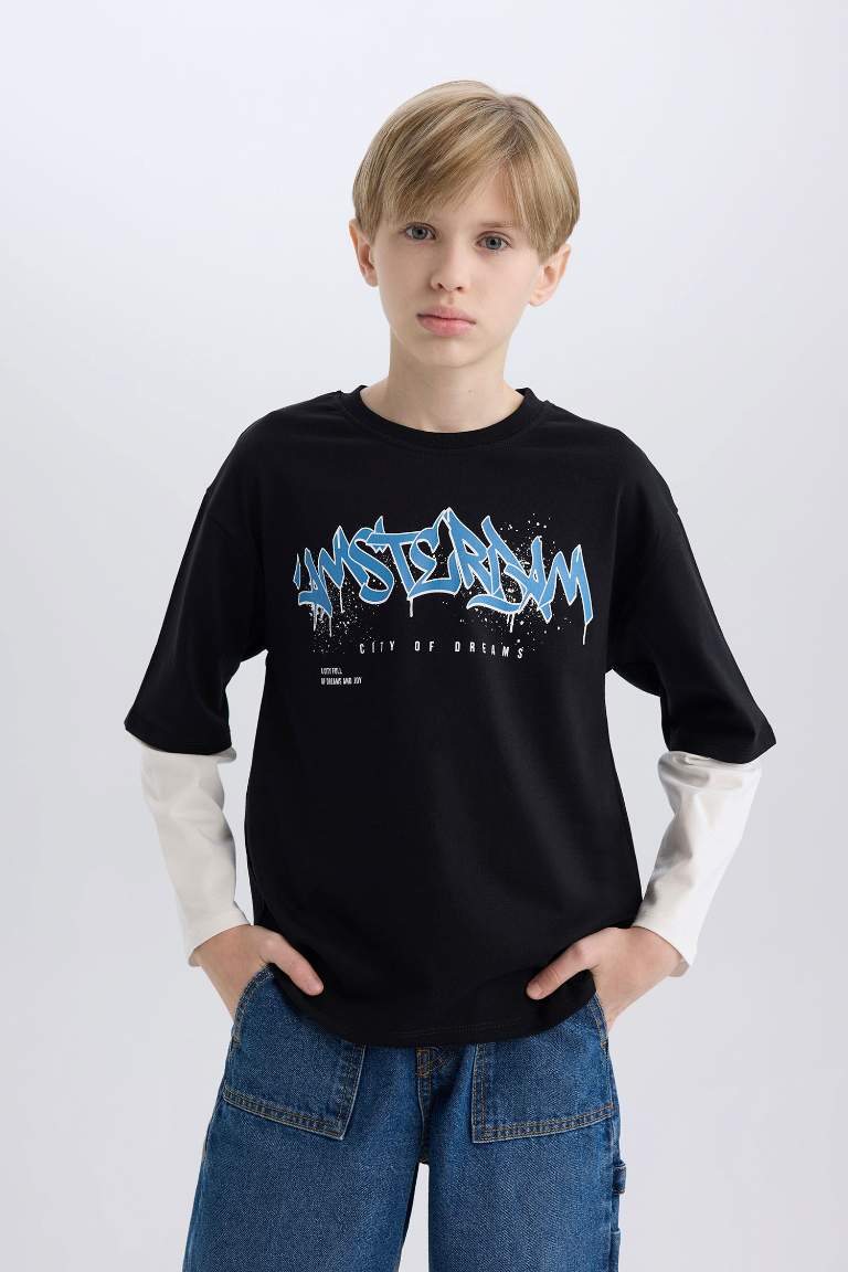 Boy Oversize Fit Crew Neck Printed Long Sleeve T-Shirt