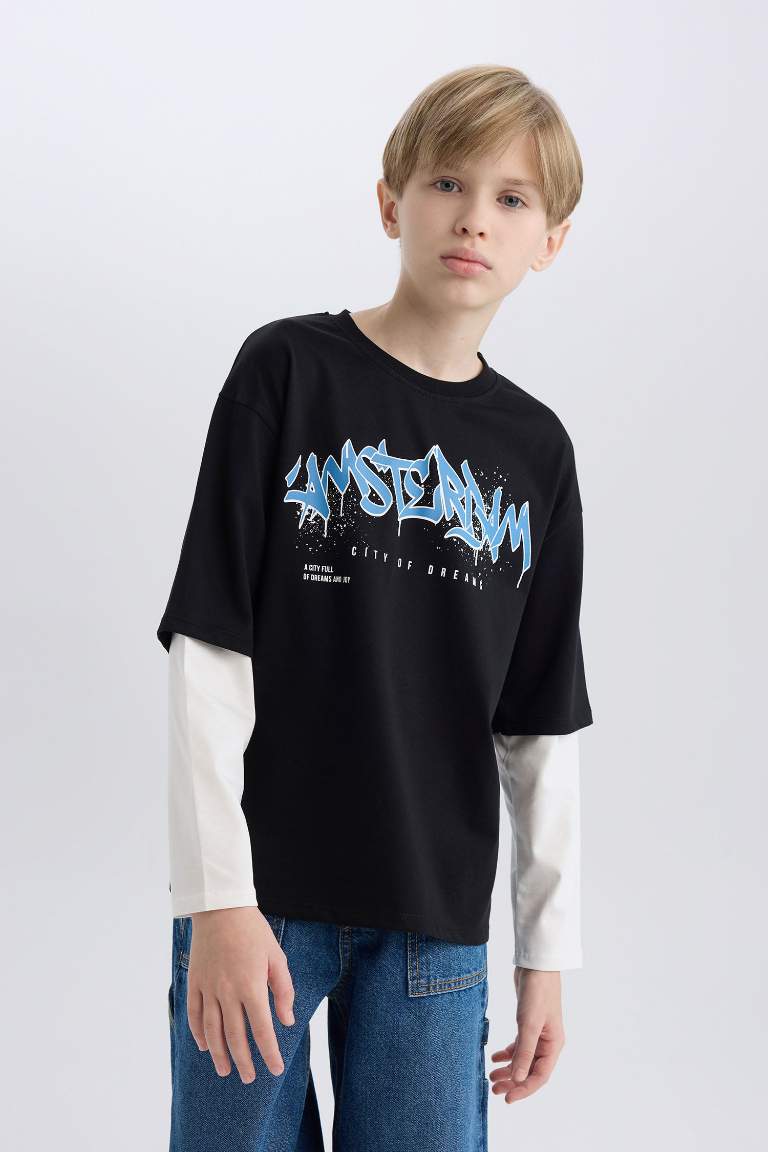 Boy Oversize Fit Crew Neck Printed Long Sleeve T-Shirt