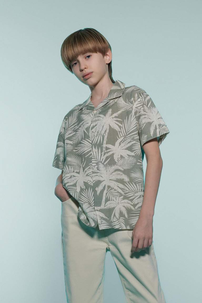 Boy Oversize Fit Polo Neck Palm Patterned Shirt