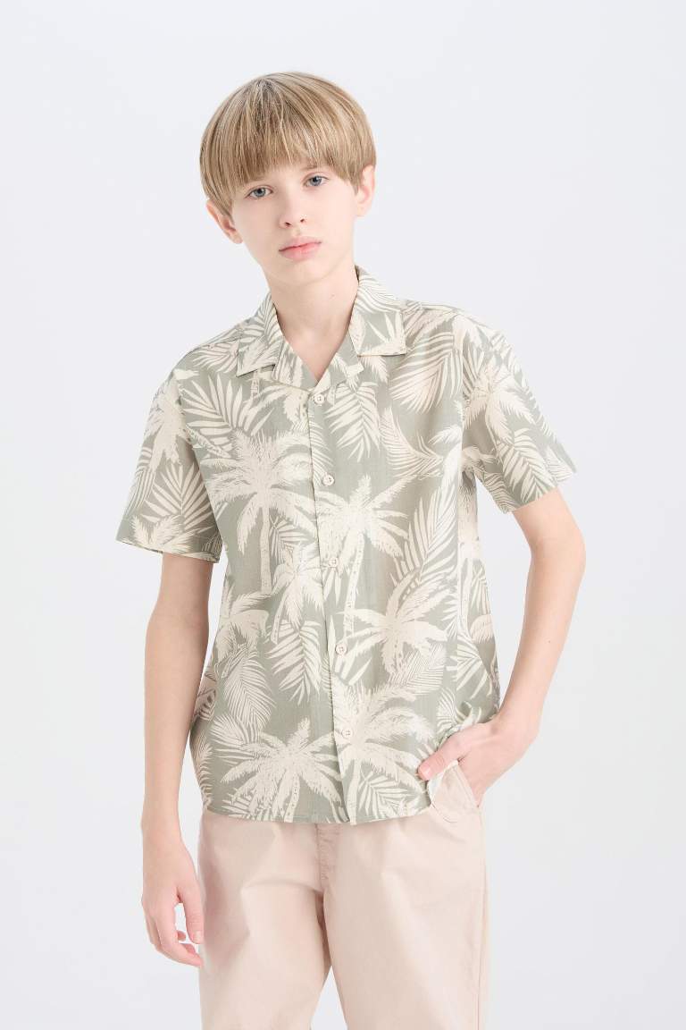 Boy Oversize Fit Polo Neck Palm Patterned Shirt