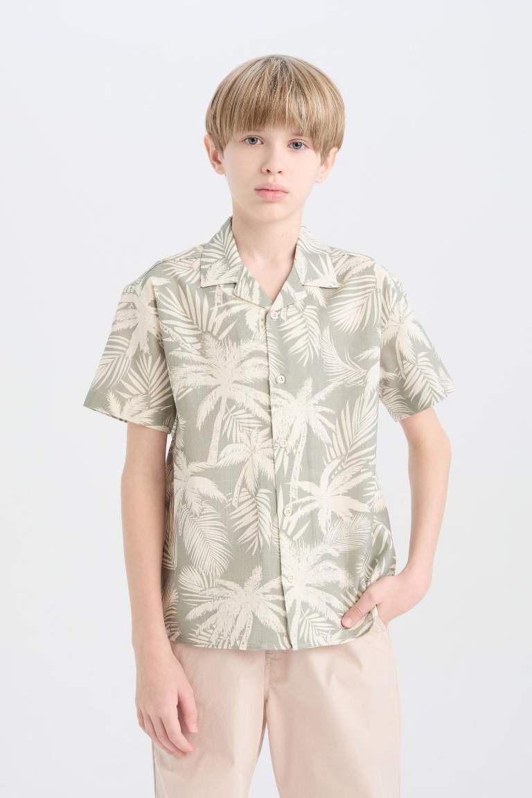 Boy Oversize Fit Polo Neck Palm Patterned Shirt