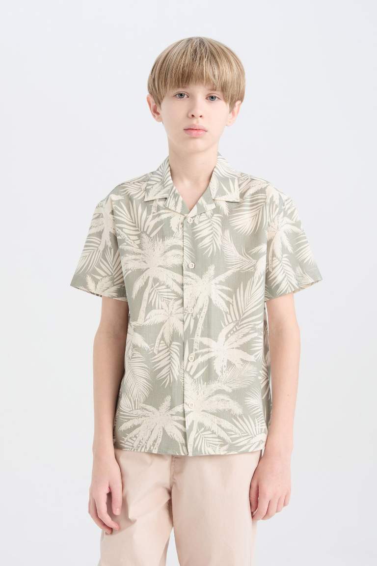 Boy Oversize Fit Polo Neck Palm Patterned Shirt