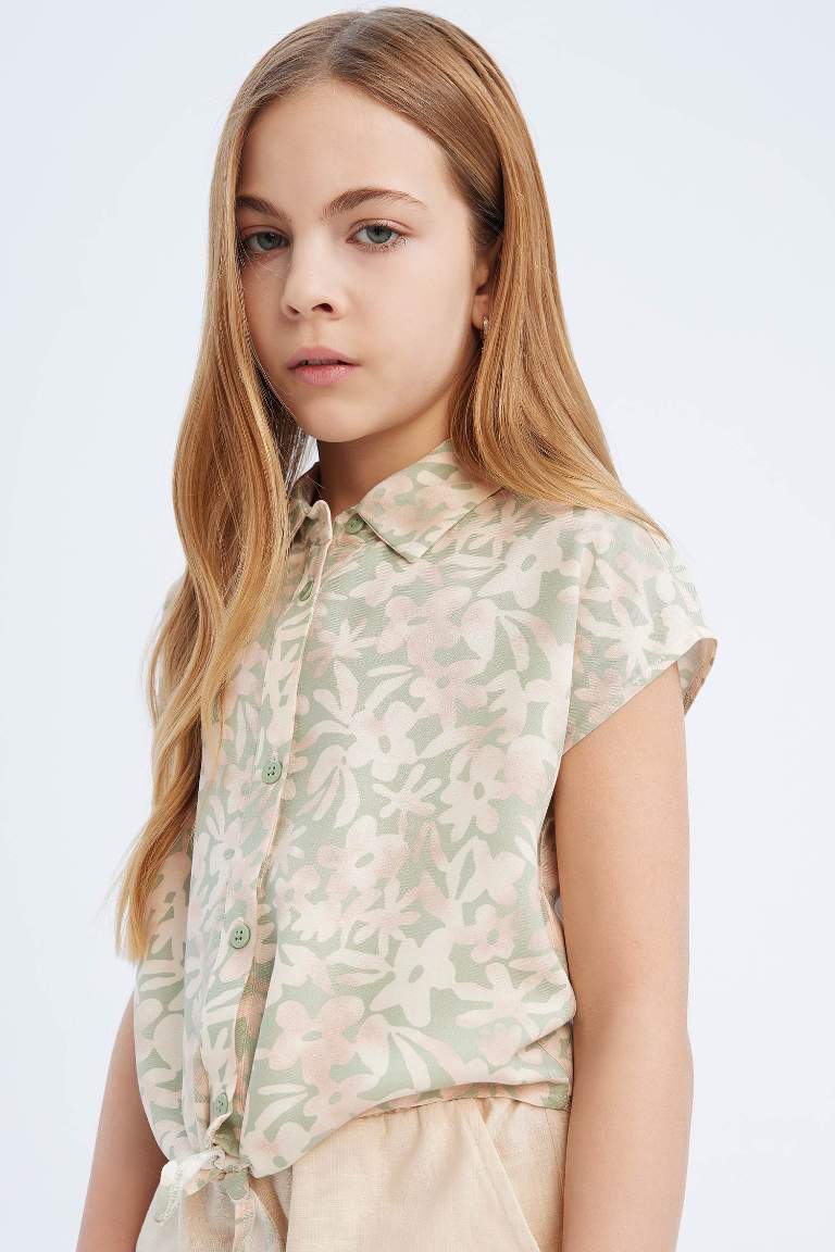 Girl Cotton Patterned Short Sleeve Crop Shirt