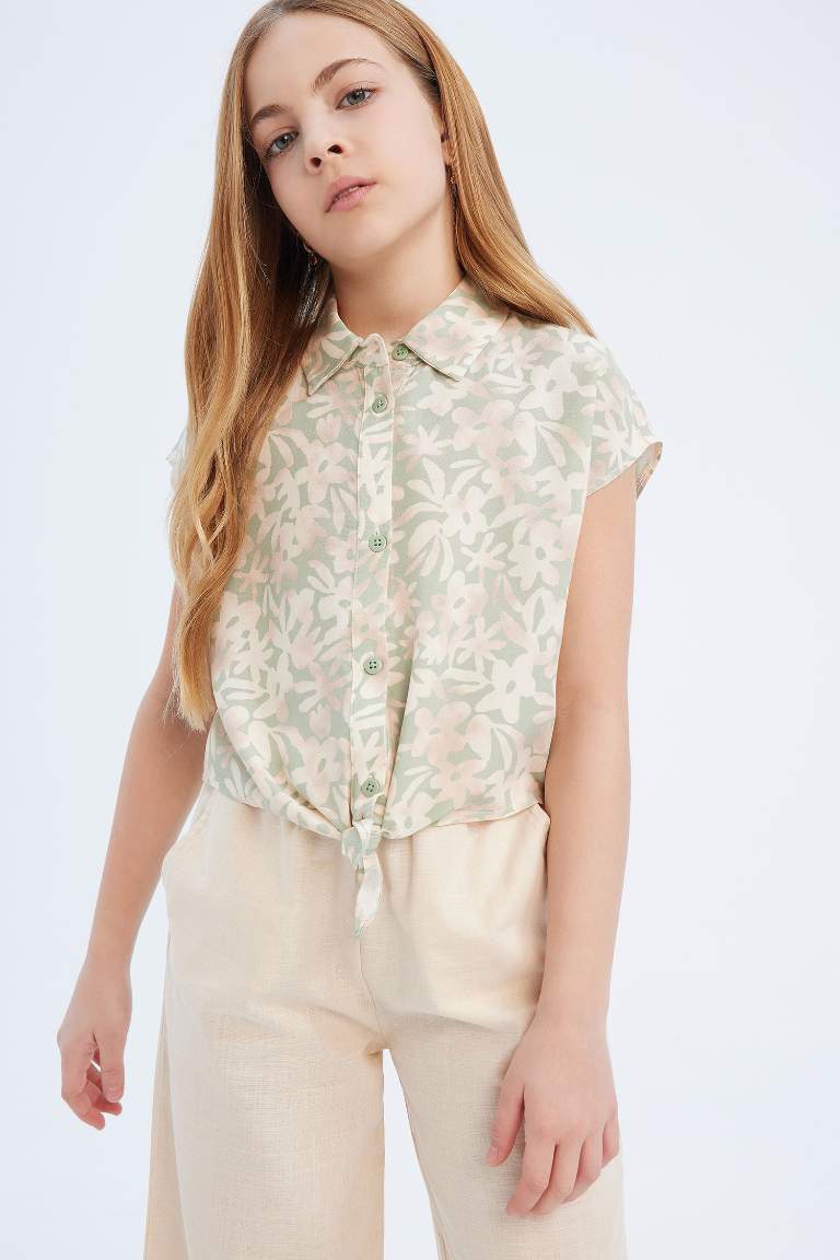 Girl Cotton Patterned Short Sleeve Crop Shirt