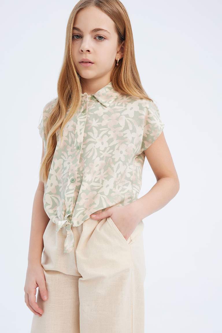 Girl Cotton Patterned Short Sleeve Crop Shirt