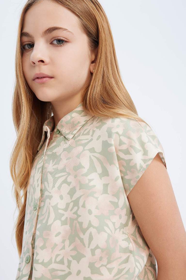 Girl Cotton Patterned Short Sleeve Crop Shirt