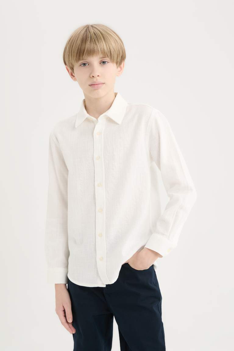 Boy Polo Collar Linen Look Long Sleeve Shirt