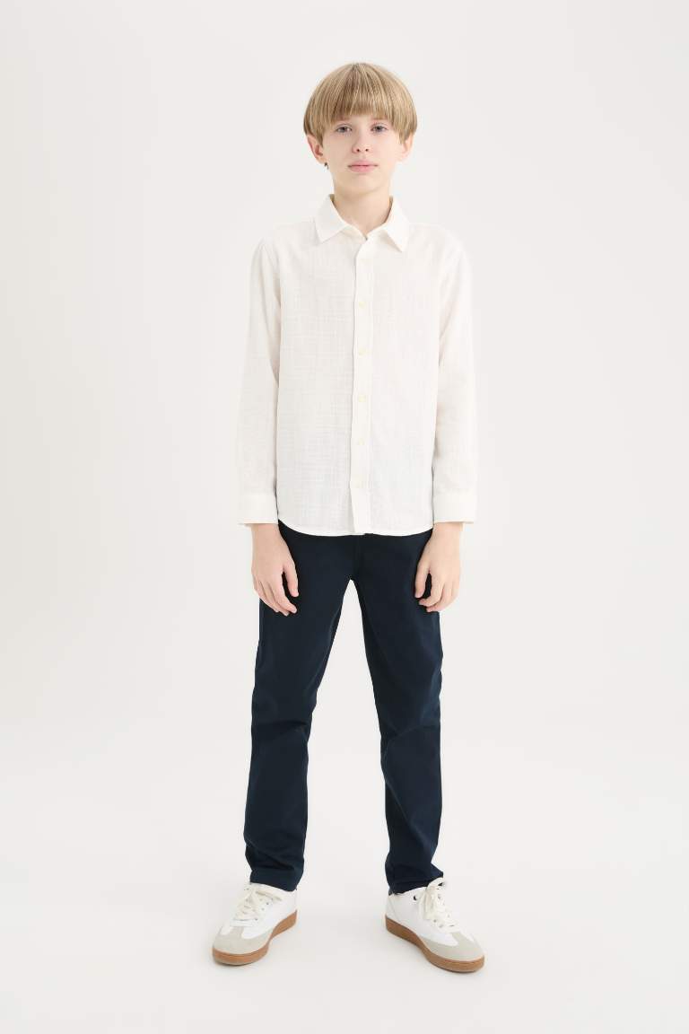 Boy Polo Collar Linen Look Long Sleeve Shirt