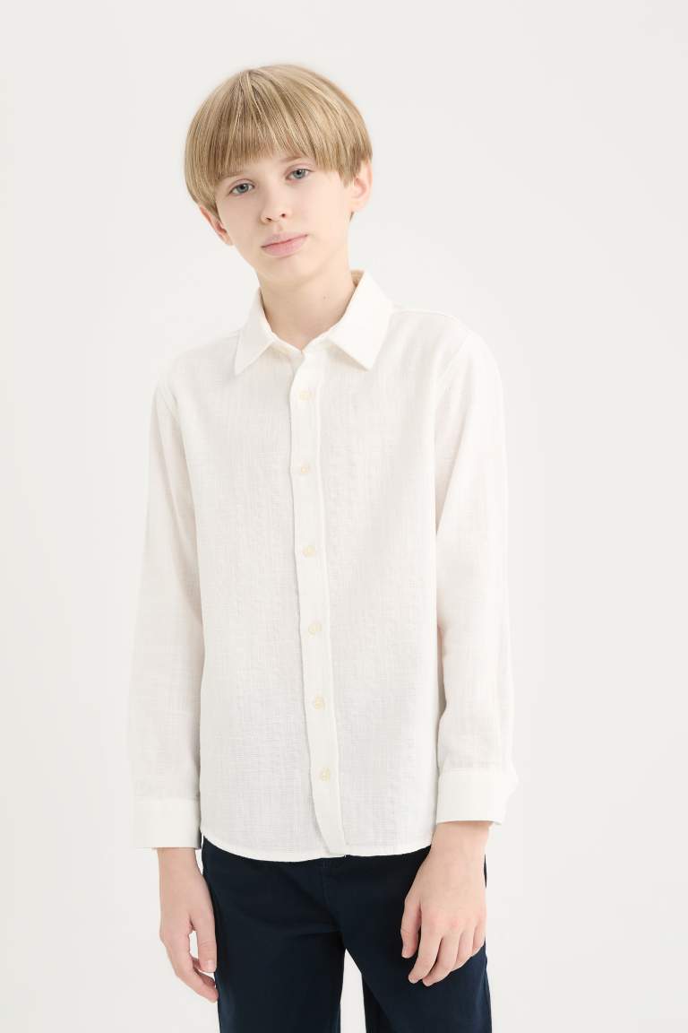 Boy Polo Collar Linen Look Long Sleeve Shirt