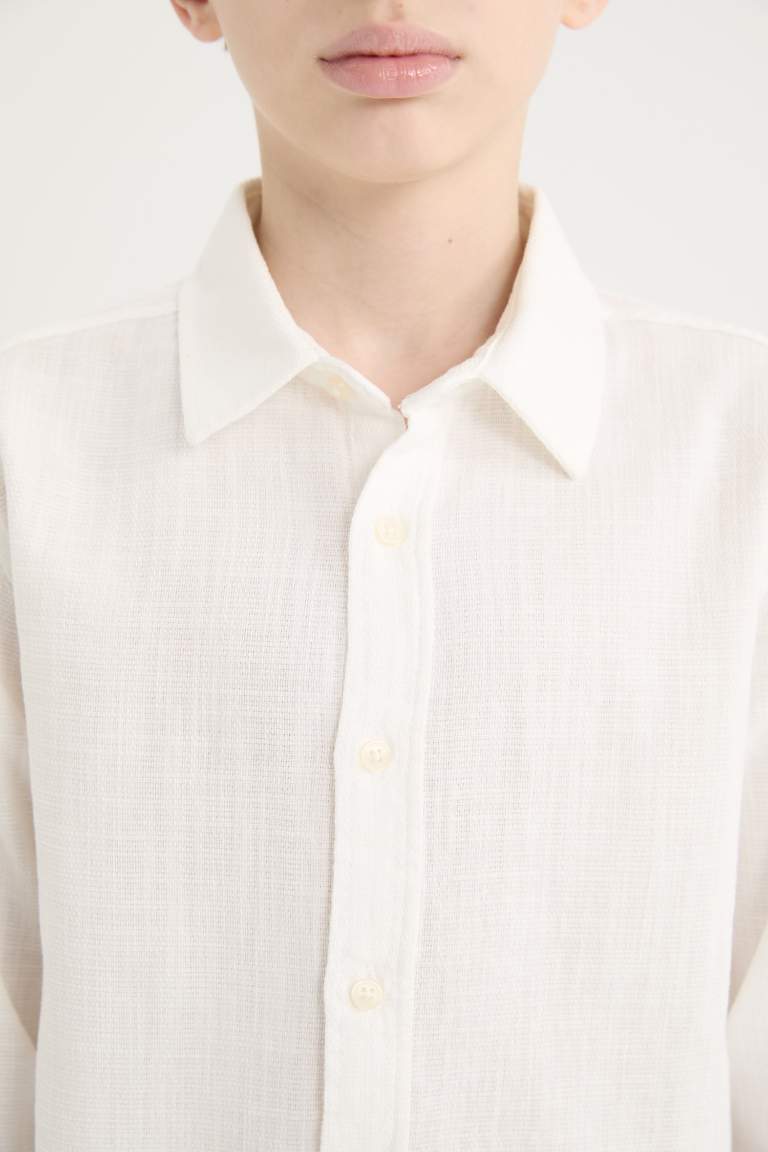 Boy Polo Collar Linen Look Long Sleeve Shirt