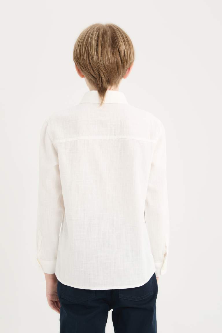 Boy Polo Collar Linen Look Long Sleeve Shirt