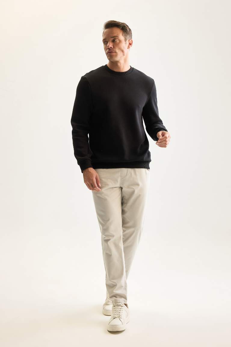 Siyah 3 İplik Pamuklu Şardonlu İçi Polarlı Regular Fit Bisiklet Yaka Kalın Sweatshirt