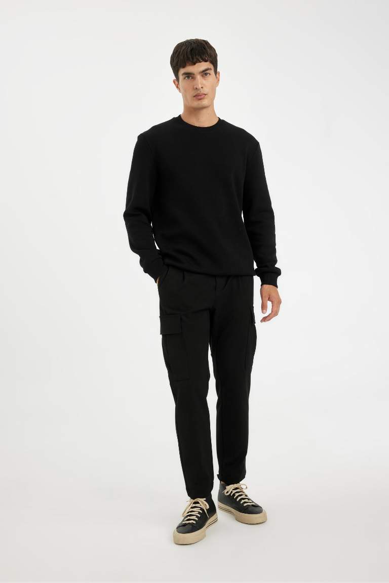 Siyah 3 İplik Pamuklu Şardonlu İçi Polarlı Regular Fit Bisiklet Yaka Kalın Sweatshirt