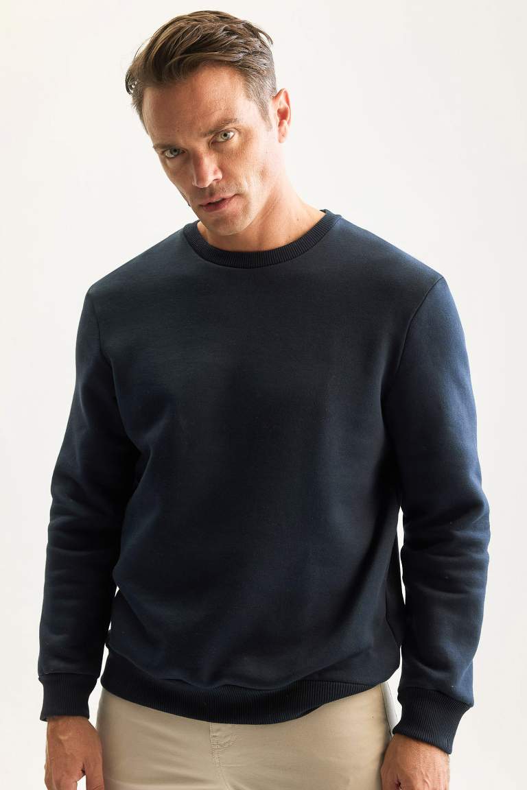 Lacivert 3 İplik Pamuklu Şardonlu İçi Polarlı Regular Fit Bisiklet Yaka Kalın Sweatshirt
