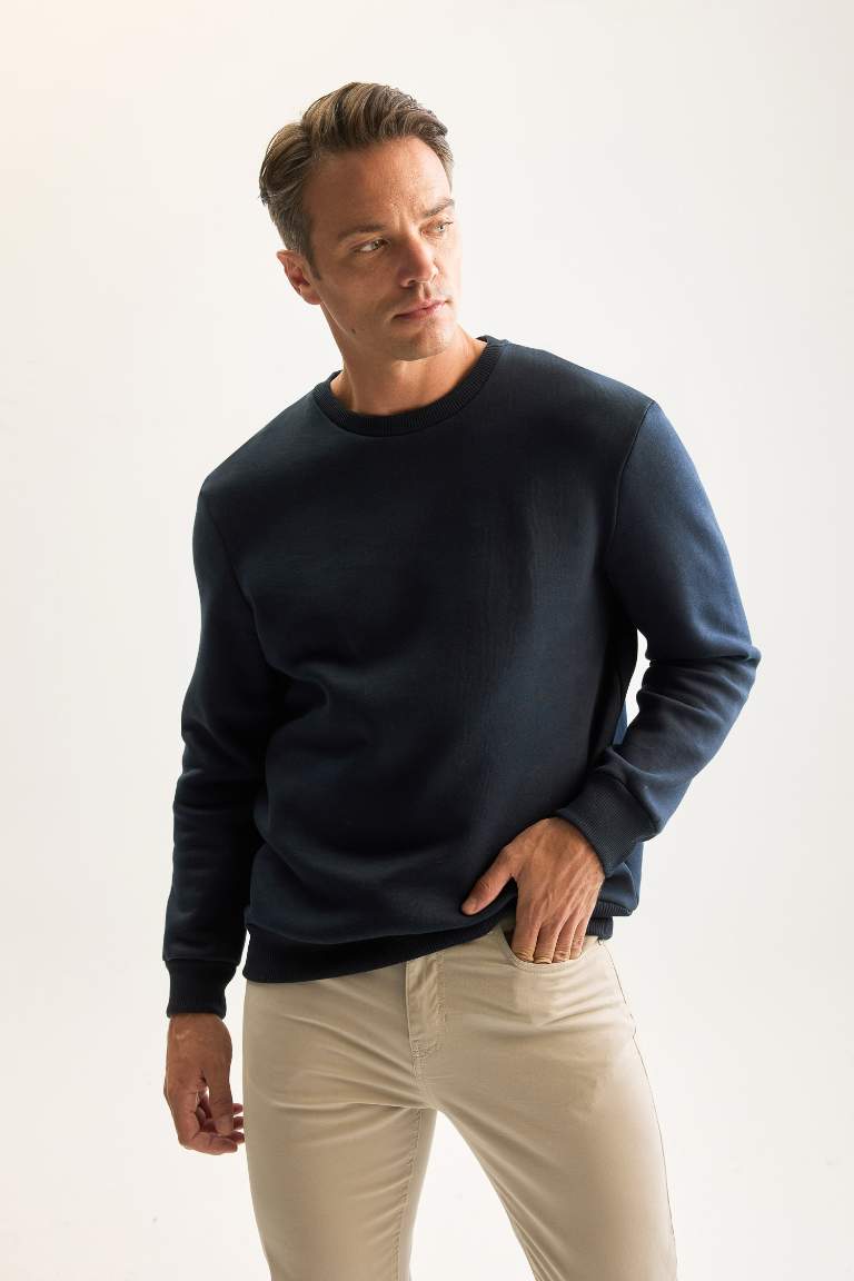 Lacivert 3 İplik Pamuklu Şardonlu İçi Polarlı Regular Fit Bisiklet Yaka Kalın Sweatshirt