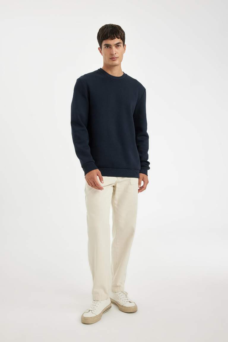 Lacivert 3 İplik Pamuklu Şardonlu İçi Polarlı Regular Fit Bisiklet Yaka Kalın Sweatshirt