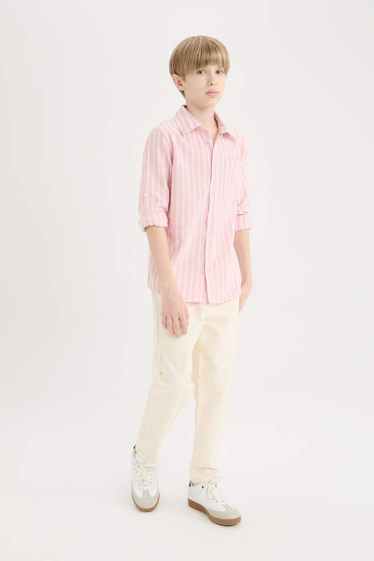 Boy Regular Fit Polo Collar Striped Linen Blend Shirt