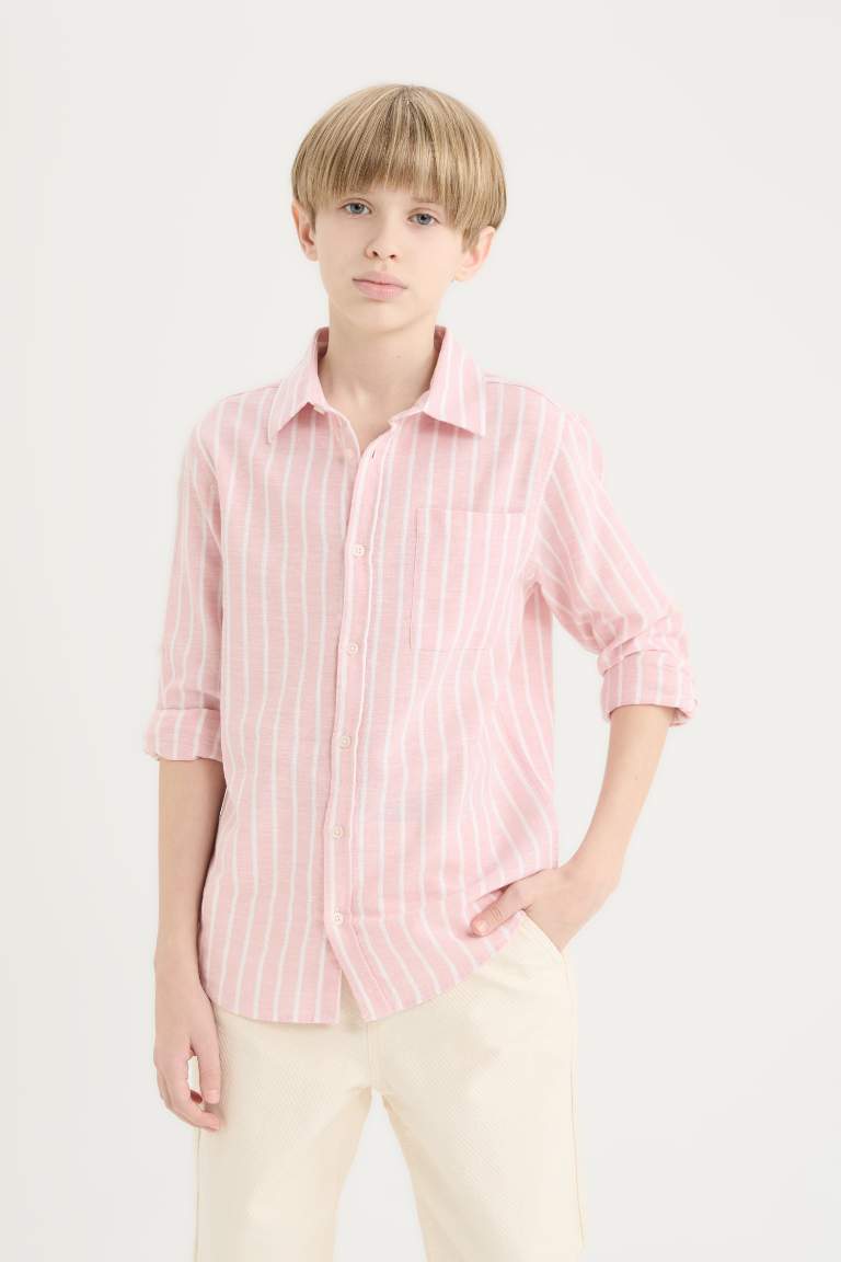 Boy Regular Fit Polo Collar Striped Linen Blend Shirt