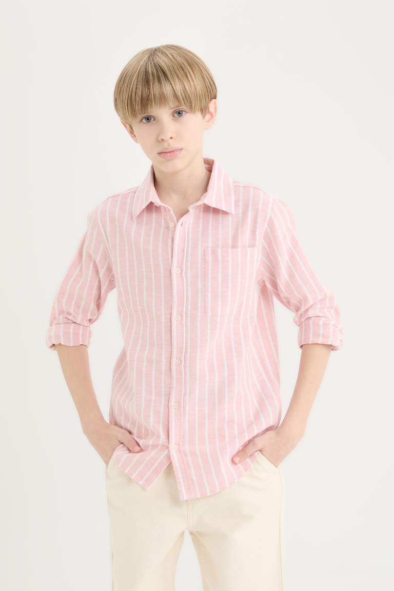 Boy Regular Fit Polo Collar Striped Linen Blend Shirt