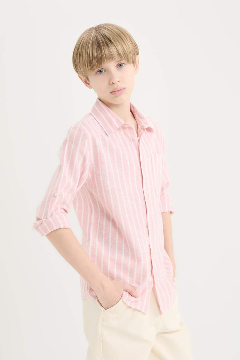 Boy Regular Fit Polo Collar Striped Linen Blend Shirt