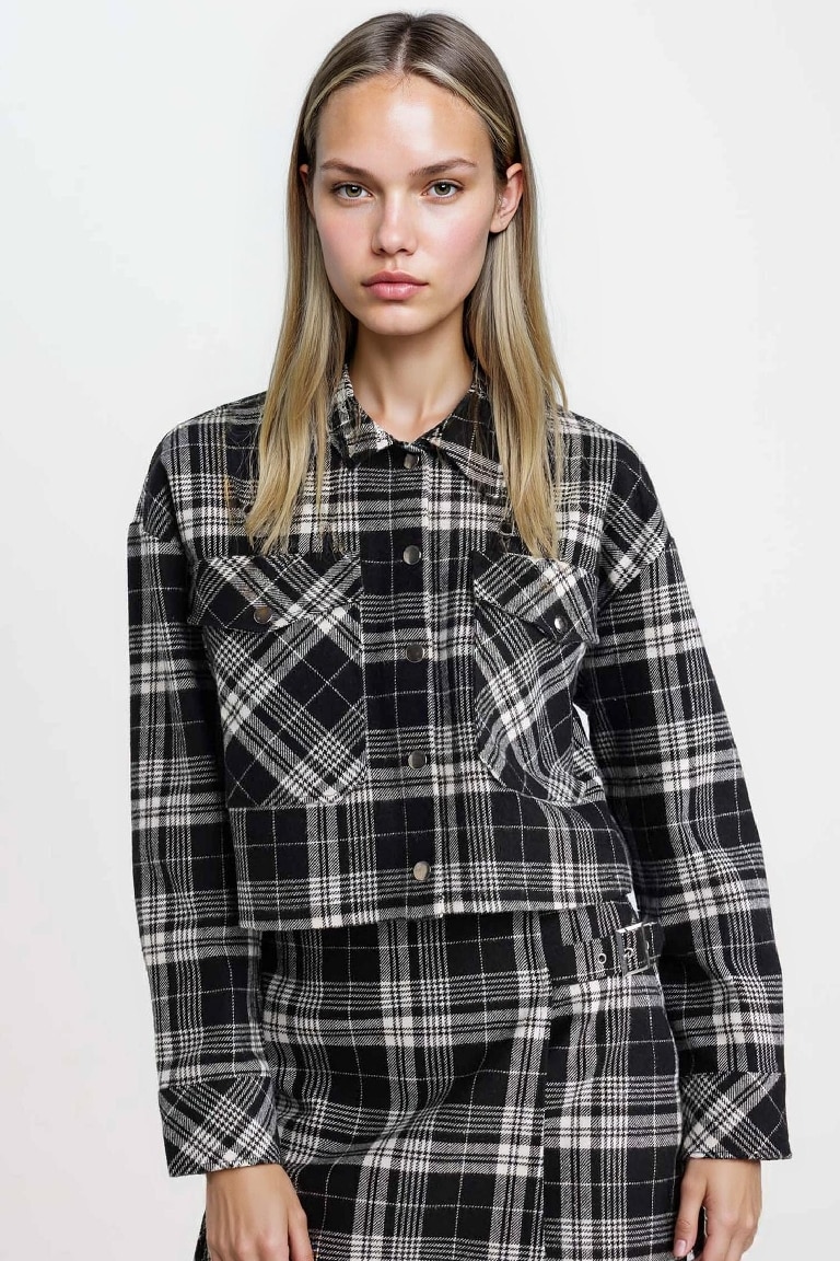 Coool Oversize Geniş Kalıp Crop Cepli Kalın Flanel Uzun Kollu Ceket Gömlek