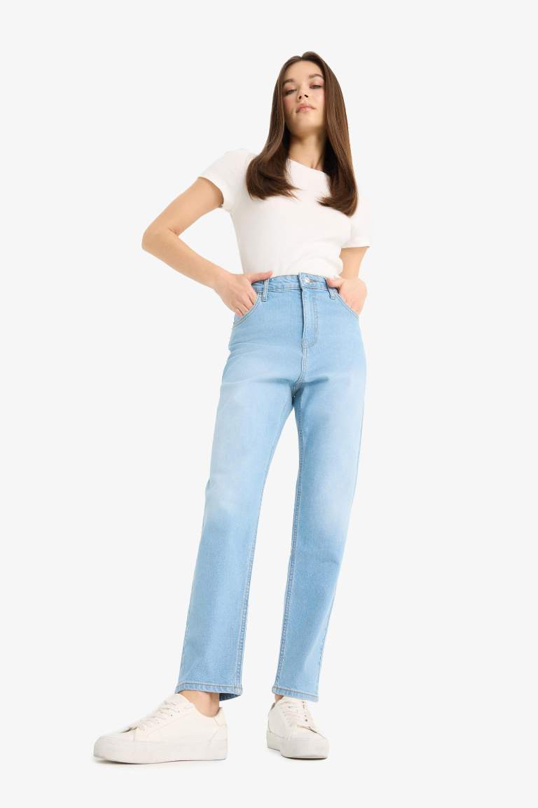 Lina Comfort Mom Normal Bel Düz Paça Jean Kar Yıkamalı Pantolon