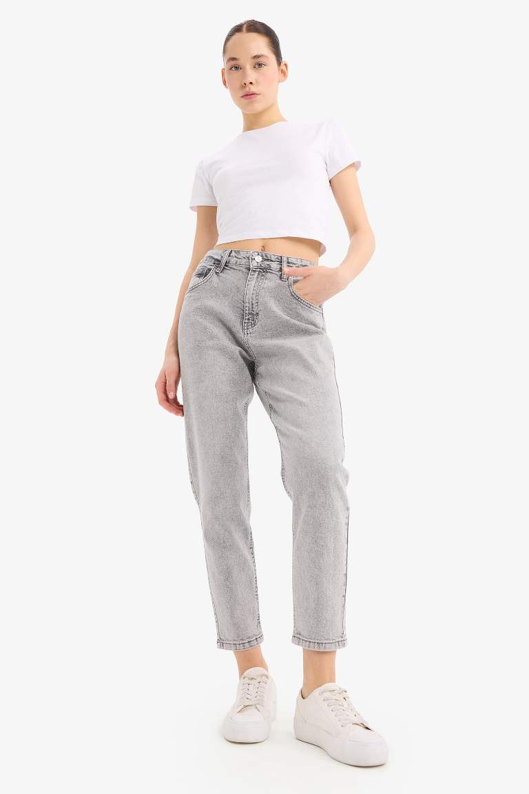 Lina Comfort Mom Normal Bel Düz Paça Jean Kar Yıkamalı Pantolon