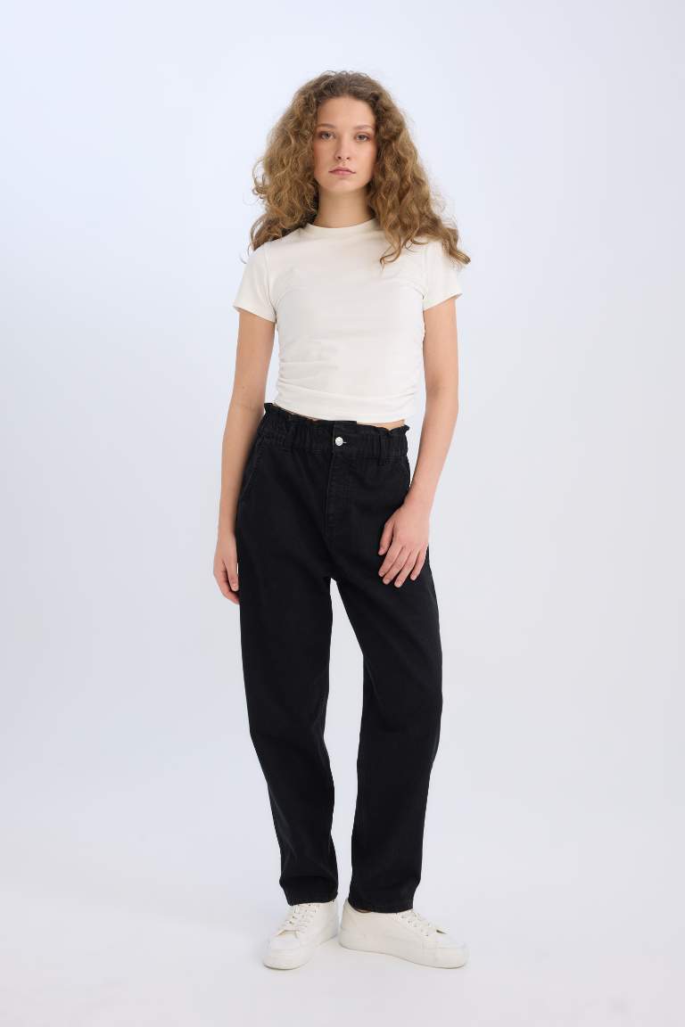 Paperbag High Waist Straight Leg Washed Jeans