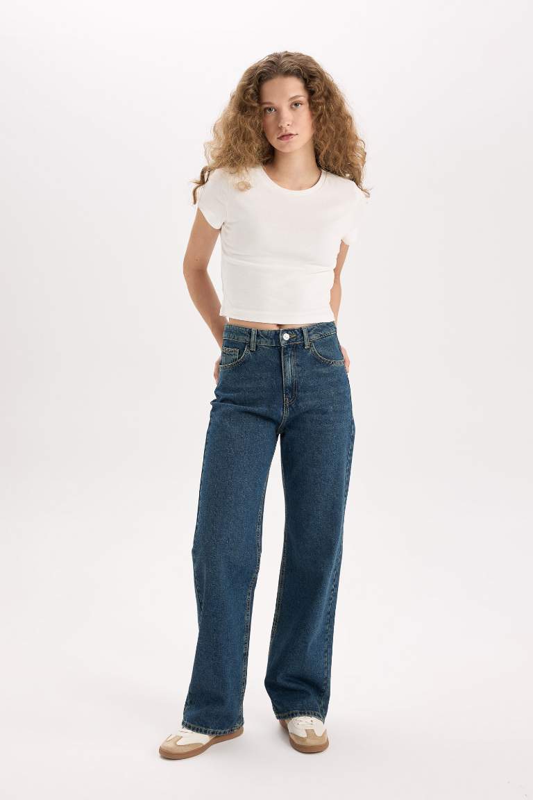 90's Wide Leg High Waist Long Washed Jeans