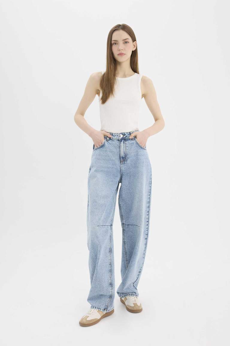 Baggy Fit Yüksek Bel Düz Paça Uzun Jean Pantolon