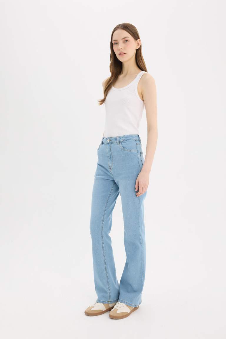 Slim Flare Yüksek Bel Düz Paça Uzun Jean Kar Yıkamalı Pantolon