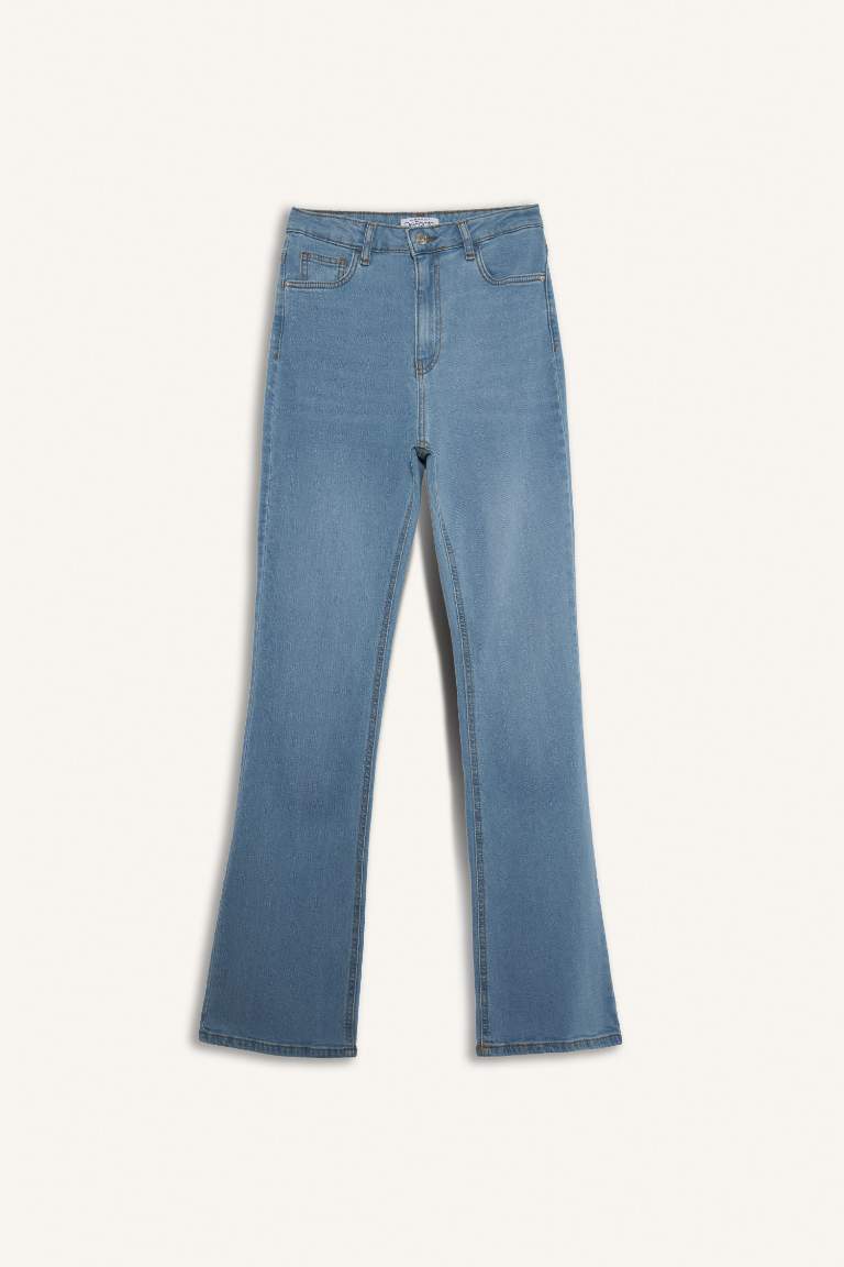 Slim Flare Yüksek Bel Düz Paça Uzun Jean Kar Yıkamalı Pantolon