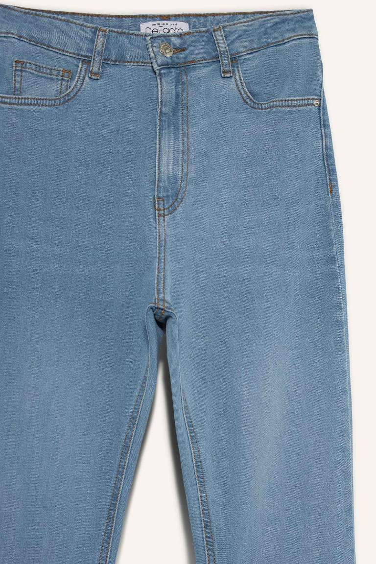 Slim Flare Yüksek Bel Düz Paça Uzun Jean Kar Yıkamalı Pantolon