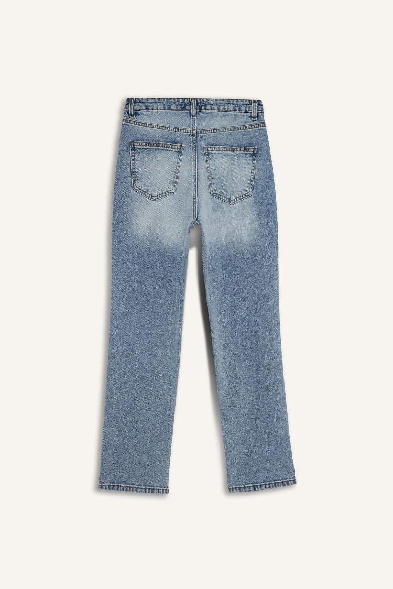 Mary Vintage Straight Fit Yüksek Bel Düz Paça Jean Kar Yıkamalı Pantolon