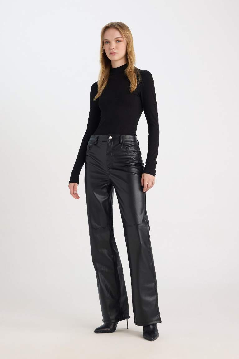 Coool Straight Fit Suni Deri Pantolon Yüksek Bel