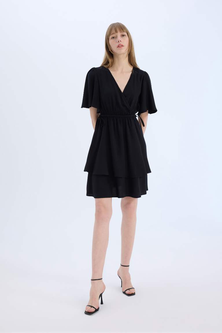 Wrap Collar Butterfly Sleeves Mini Dress