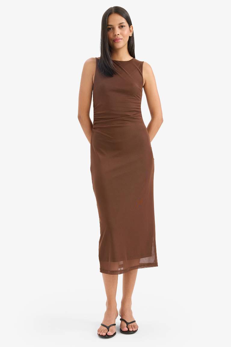 Bodycon Vücudu Saran Yuvarlak Yaka Tül Kolsuz Midi Elbise
