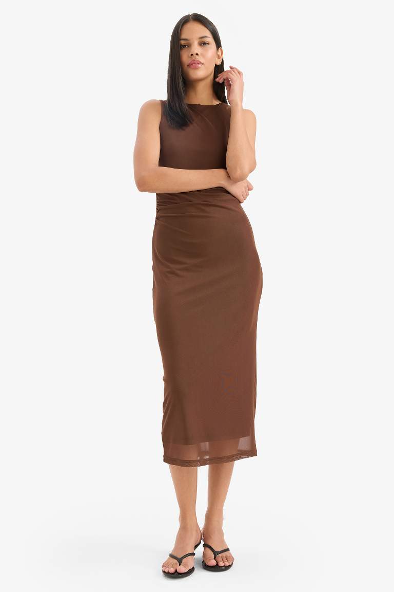 Bodycon Vücudu Saran Yuvarlak Yaka Tül Kolsuz Midi Elbise