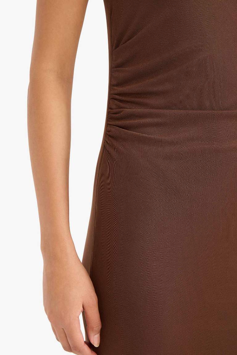 Bodycon Vücudu Saran Yuvarlak Yaka Tül Kolsuz Midi Elbise