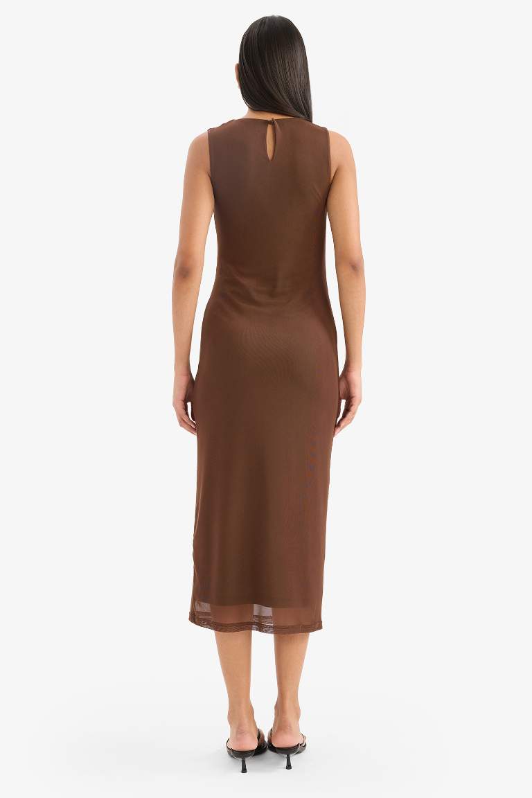 Bodycon Vücudu Saran Yuvarlak Yaka Tül Kolsuz Midi Elbise