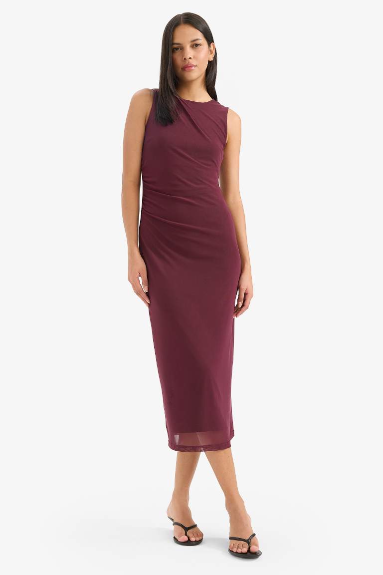 Bodycon Vücudu Saran Yuvarlak Yaka Tül Kolsuz Midi Elbise