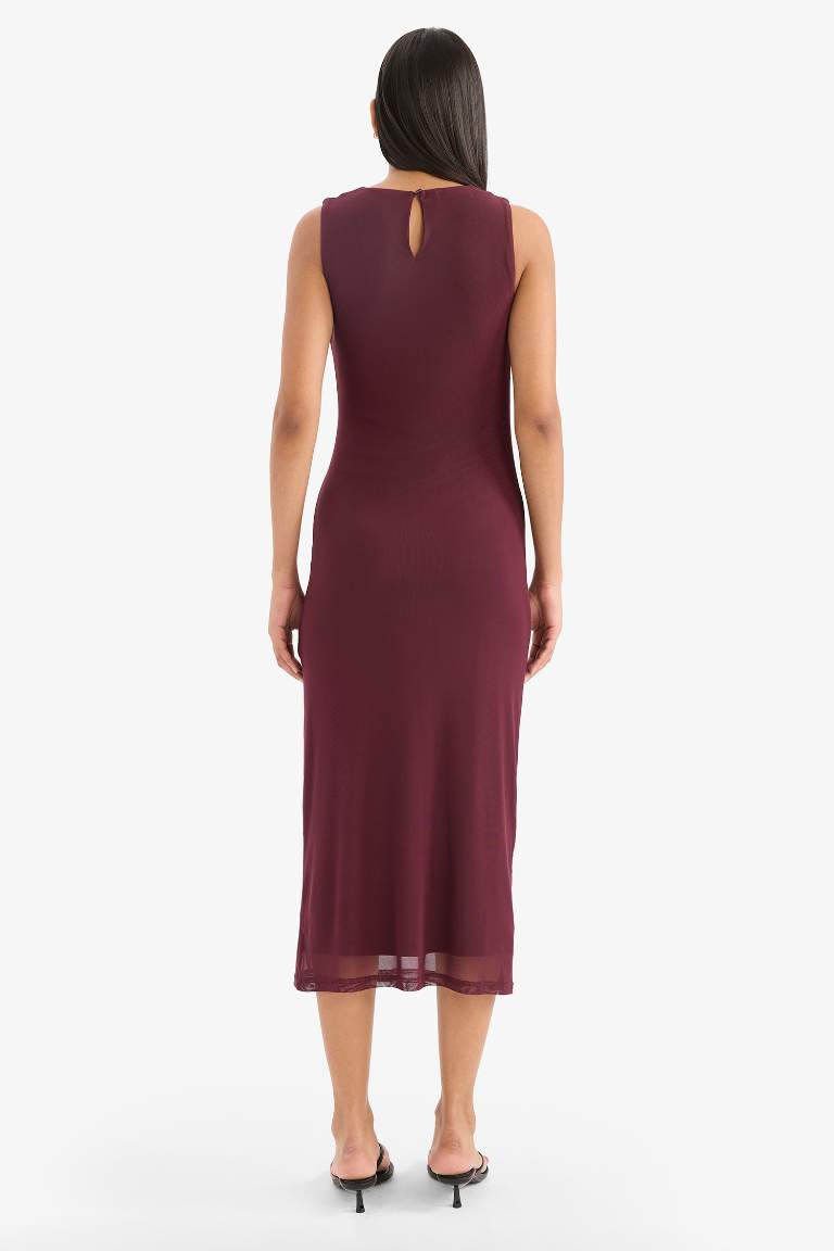 Bodycon Vücudu Saran Yuvarlak Yaka Tül Kolsuz Midi Elbise