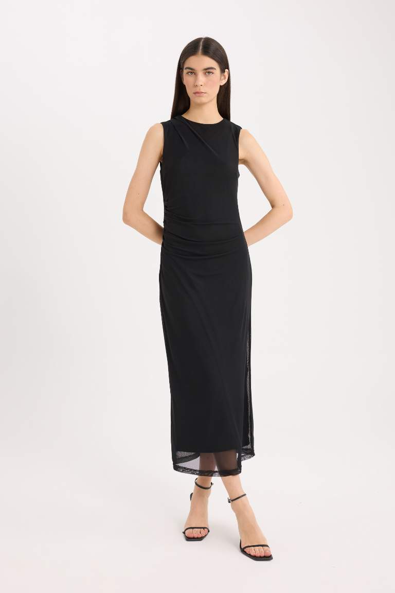 Bodycon Round Collar Tulle Sleeveless Midi Dress