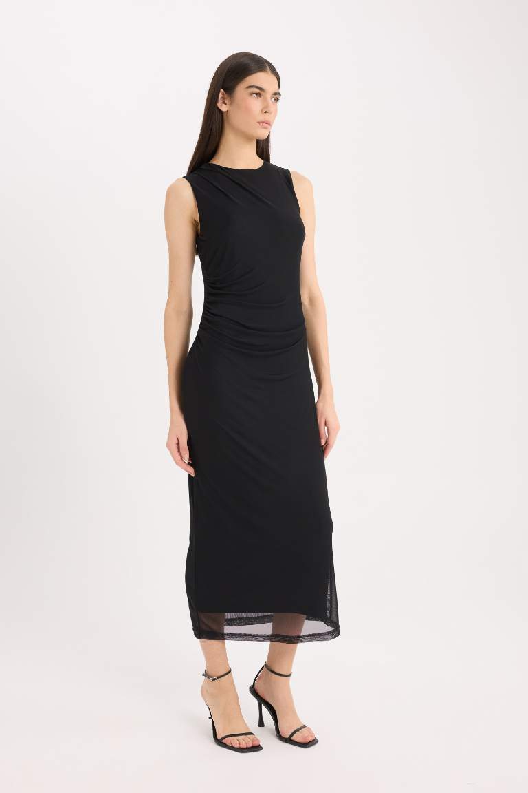 Bodycon Round Collar Tulle Sleeveless Midi Dress