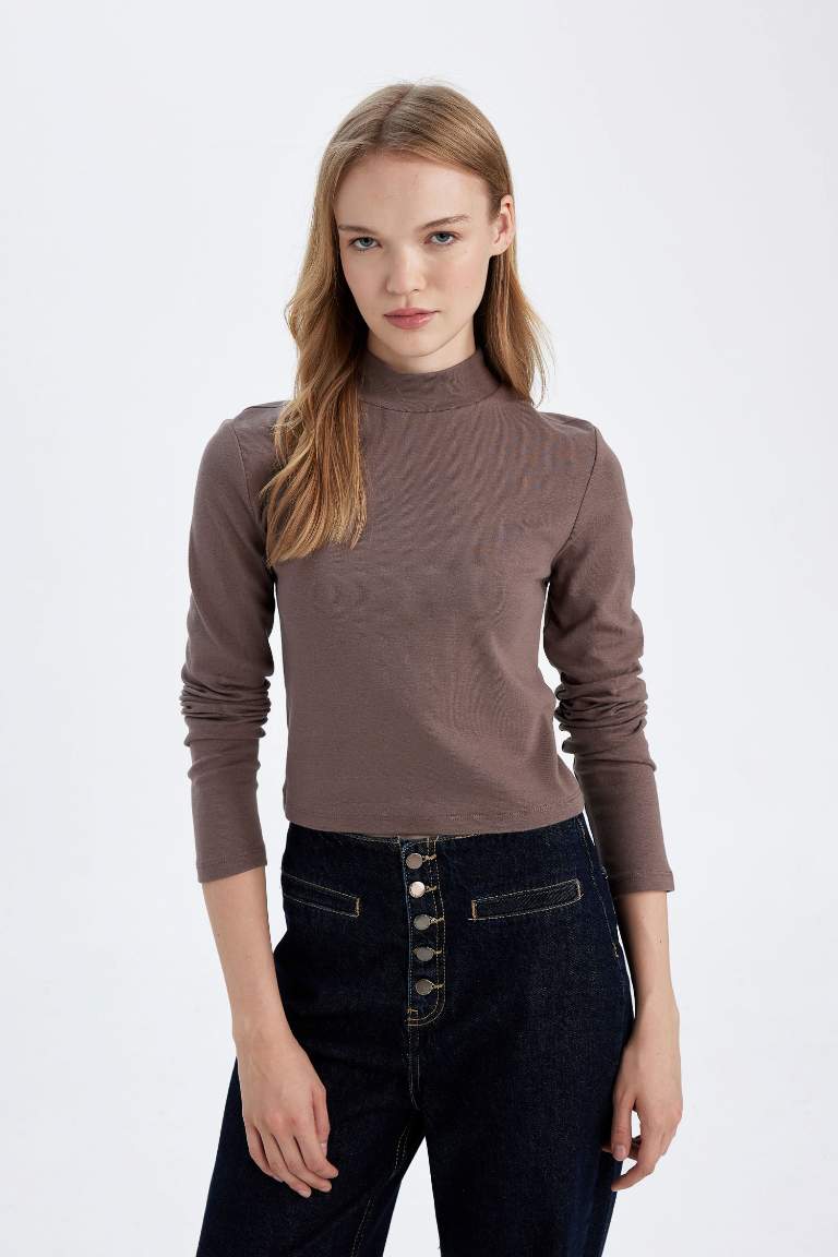 Fitted Half Turtleneck Modal Basic Long Sleeve T-Shirt