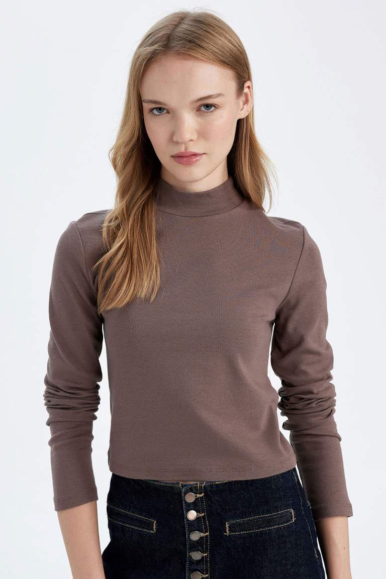 Fitted Half Turtleneck Modal Basic Long Sleeve T-Shirt