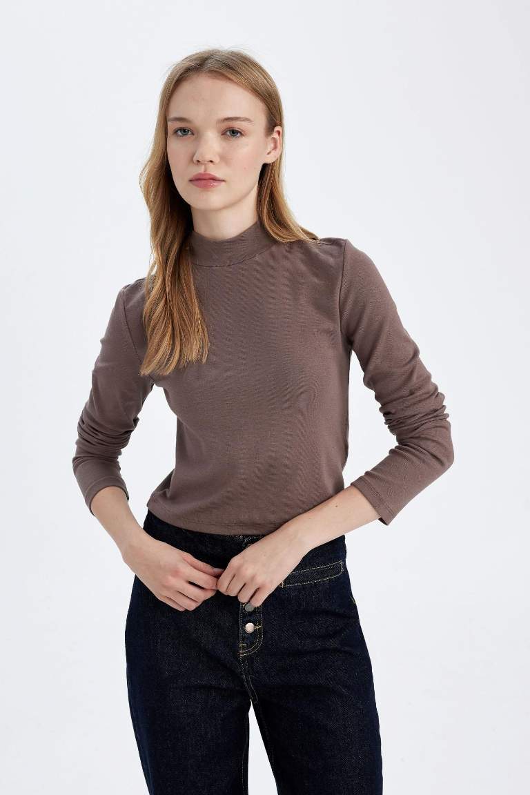 Fitted Half Turtleneck Modal Basic Long Sleeve T-Shirt